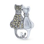 Black & White Marcasite Cat Brooche Pin Silver Pearl & Onyx