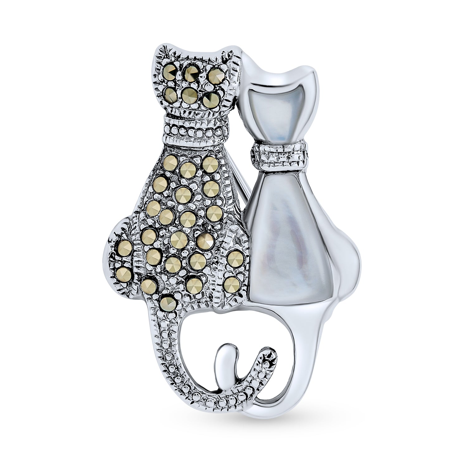 silver-brooch-two-cats-pin-pmr-b30031_1 Black & White Marcasite Cat Brooche Pin Silver Pearl & Onyx - Image 1