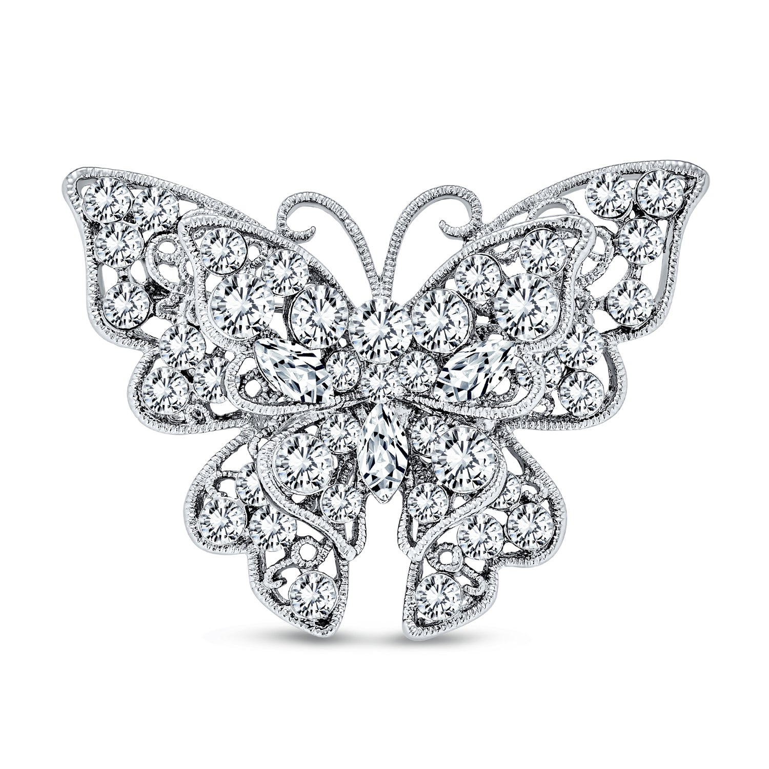 silver-butterfly-cz-brooch-pin-faj-bh02371_1 Large Crystal Filigree Butterfly Brooch Pin Fashion Statement Silver Plated - Image 1
