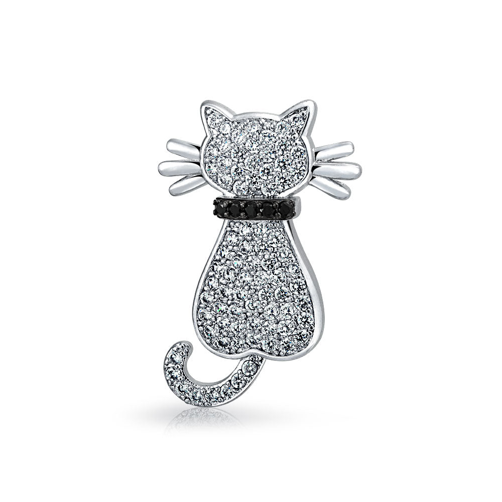 silver-cat-pin-black-collar_oa-71an026-pin_1 Cute Animal Lover CZ Kitty Cat Brooche Pin Silver Plated Cubic Zirconia - Image 1