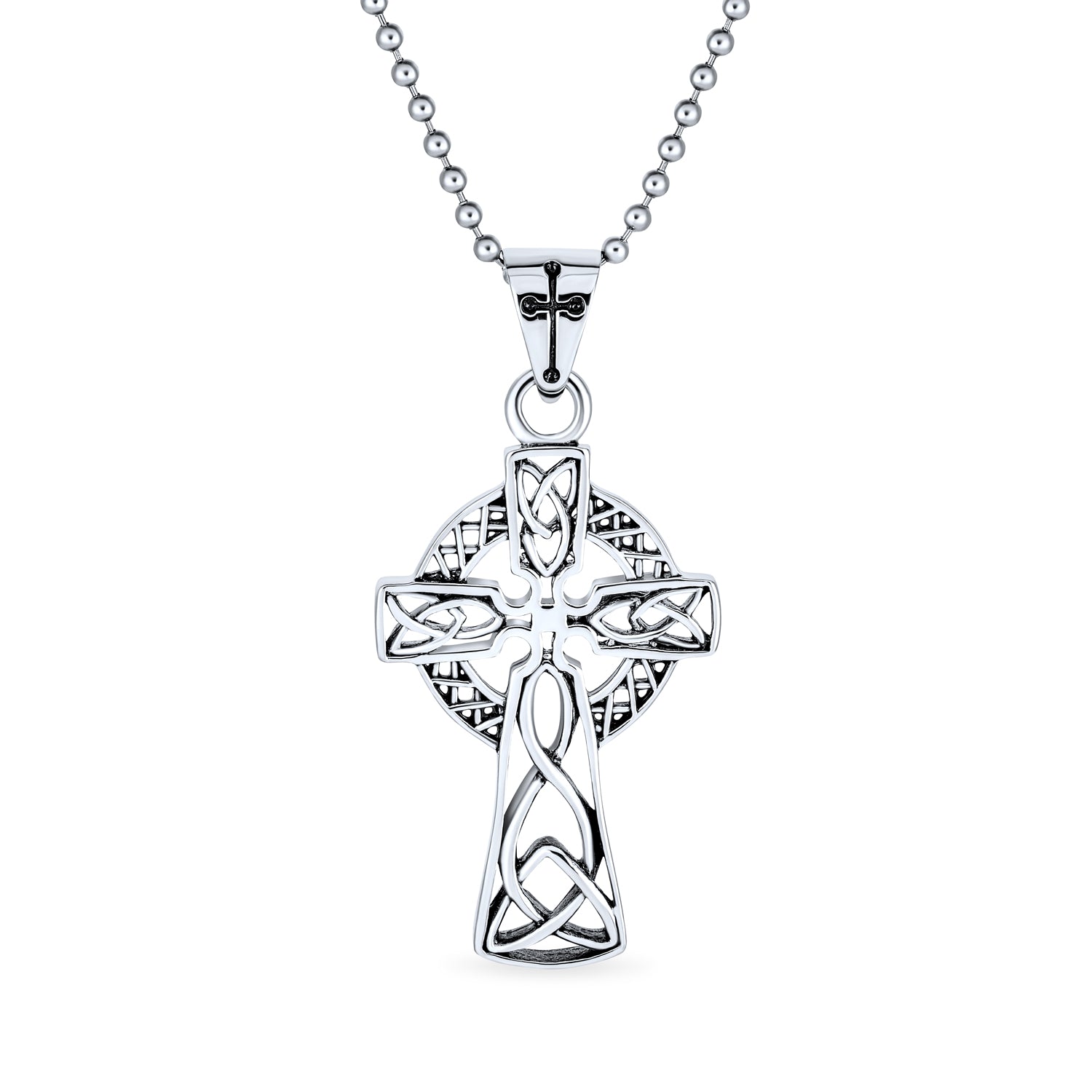 silver-celtic-cross-stainless-steel-necklace_cdl-p8956_1_d6b97791-af75-4f95-a9d9-2c18a3df253e Protection Amulet Celtic Cross Pendant Necklace Oxidized Silver 20 Inch Chain - Image 1