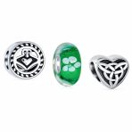 Lucky Green Clover & Knot Claddagh Charm Bead Set .925 Sterling Silver for Bracelet
