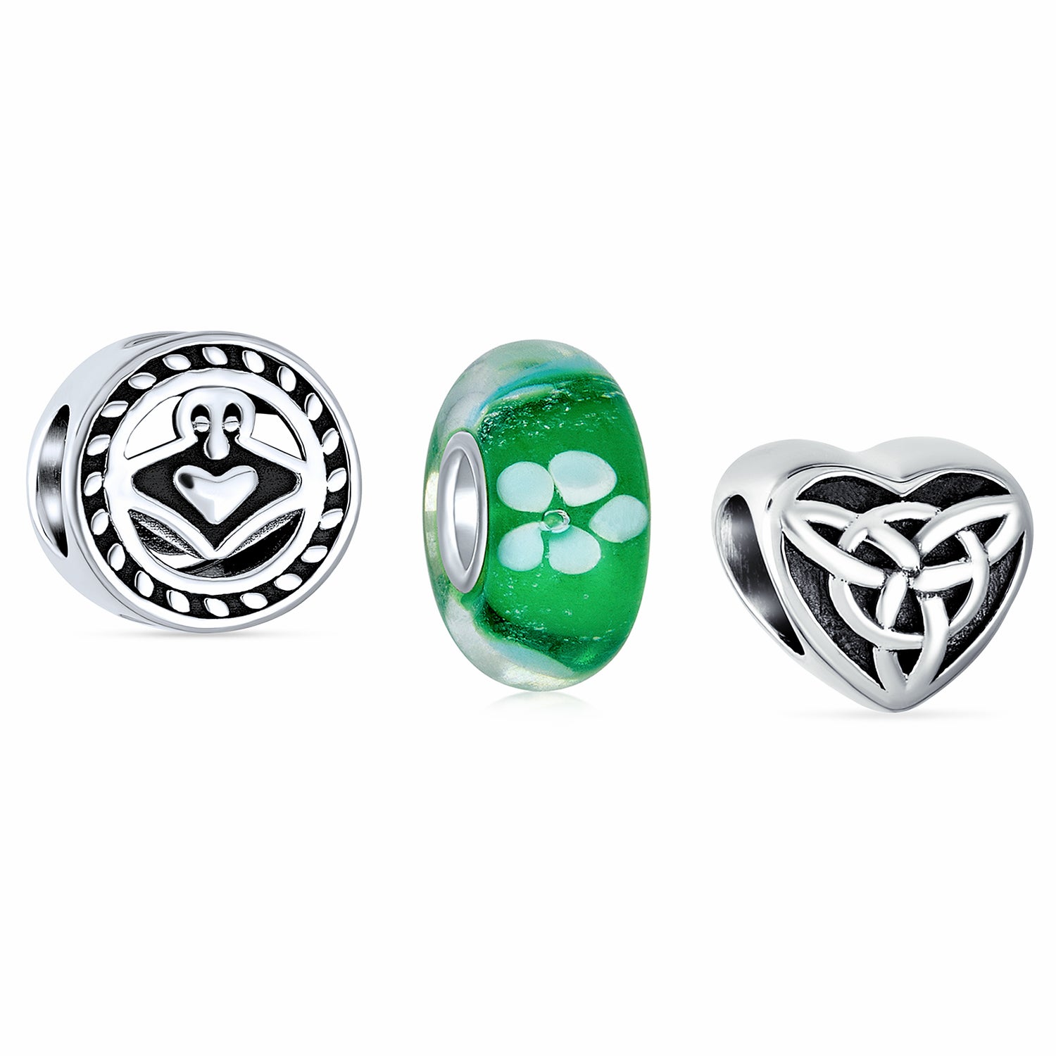silver-celtic-heart-clover-bead-set_pbx-hgsc-116-az_1 Lucky Green Clover & Knot Claddagh Charm Bead Set .925 Sterling Silver for Bracelet - Image 1