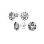 Set of 2 Small Floral Medallion Shield Celtic Knot Stud Earrings Oxidized Silver