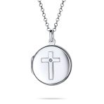 Religious Holy Cross Photo Locket Necklace Round Circle Holds Pictures .925 Sterling Silver
