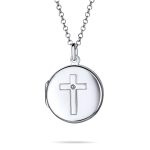 Religious Holy Cross Photo Locket Necklace Round Circle Holds Pictures .925 Sterling Silver