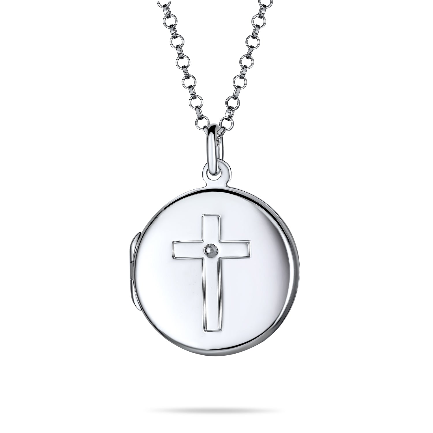 silver-circle-locket-pendant-cross-necklace-pmr-l10319_1 Religious Holy Cross Photo Locket Necklace Round Circle Holds Pictures .925 Sterling Silver - Image 1