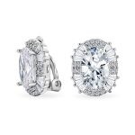 Art Deco Clip-On Earrings Large CZ Baguette Halo Non-Pierced