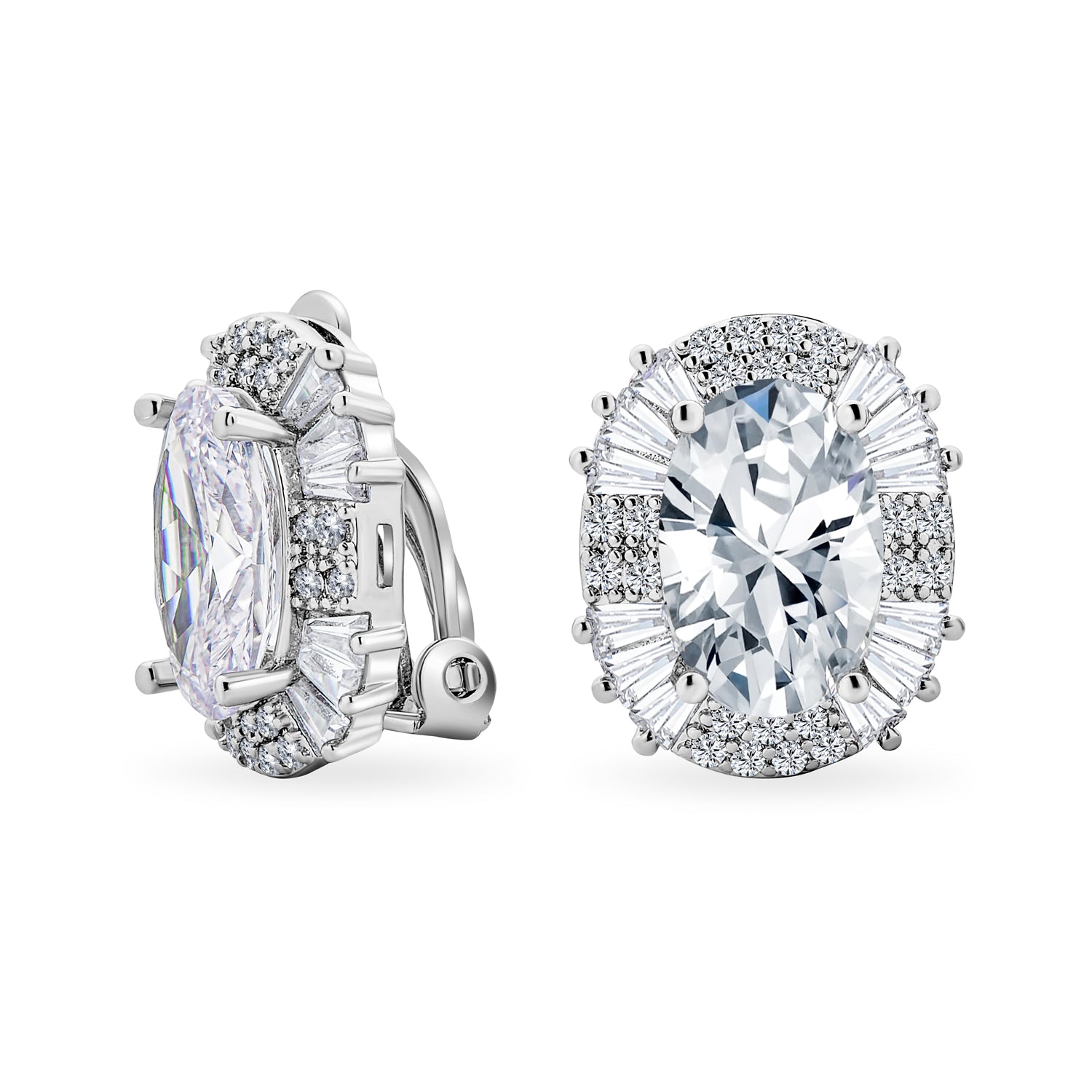silver-clipon-cz-earrings-ag-ez-4258cl_1 Art Deco Clip-On Earrings Large CZ Baguette Halo Non-Pierced - Image 1
