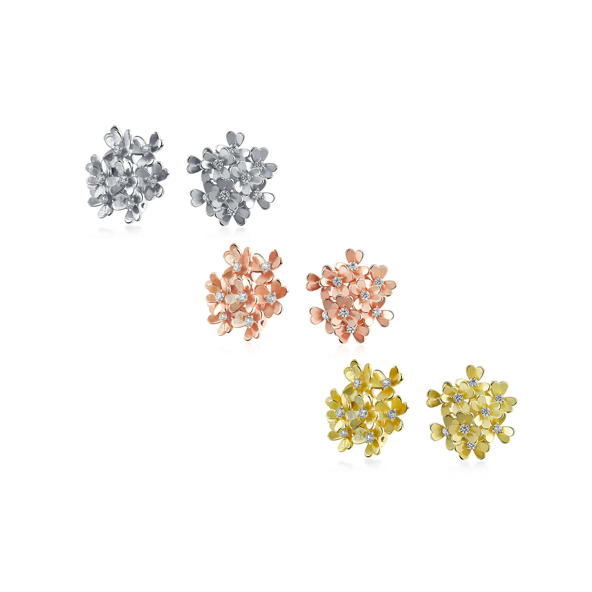 silver-clover-flower-earrings_faj-a6490-3set-az Set of 3 Floral CZ Bouquet Flower Clip-On Earrings for Non-Pierced Rose Gold Silver Plated - Image 1