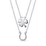 Set of 2 Four Lucky Clover & Lucky Horseshoe Pendant Necklace .925 Sterling Silver