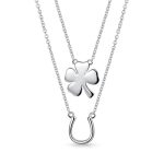 Set of 2 Four Lucky Clover & Lucky Horseshoe Pendant Necklace .925 Sterling Silver