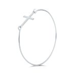Delicate Simple Religious Sideways Cross Bangle Bracelet .925 Sterling Silver - Image 2