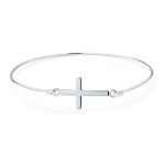 Delicate Simple Religious Sideways Cross Bangle Bracelet .925 Sterling Silver