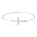 Delicate Simple Religious Sideways Cross Bangle Bracelet .925 Sterling Silver