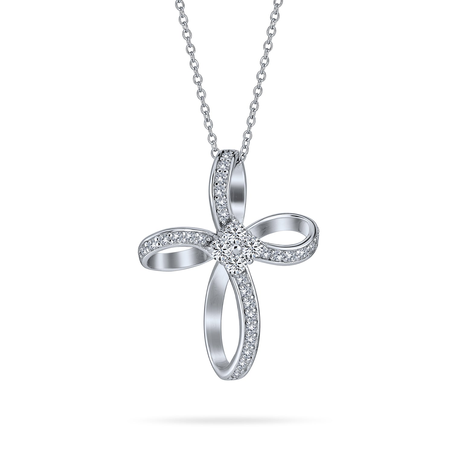 silver-cross-cz-knot-infinity-oa-61cr192_1 Ribbon Twist Infinity Cross Pendant Necklace CZ Sterling Silver for Teens - Image 1