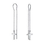 Long Chain Dangle Spiritual Religious Cross Threader Earrings Sterling Silver