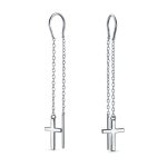 Long Chain Dangle Spiritual Religious Cross Threader Earrings Sterling Silver