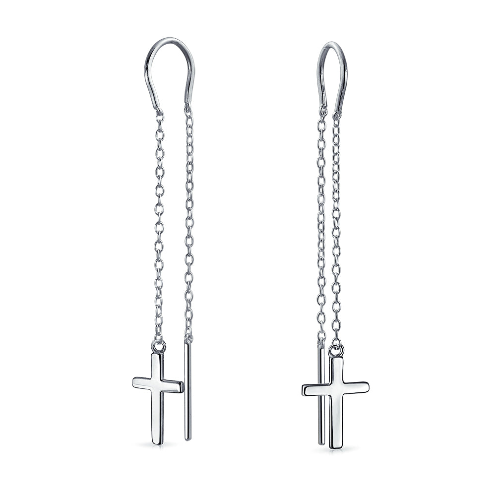 silver-cross-ear-threader-pfs-12-6171-az Long Chain Dangle Spiritual Religious Cross Threader Earrings Sterling Silver - Image 1