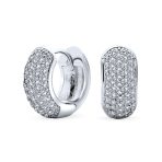 Cubic Zirconia Pave CZ 5 Row Huggie Mini Hoop Earrings Hinge Style Silver Plated