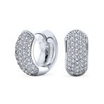 Cubic Zirconia Pave CZ 5 Row Huggie Mini Hoop Earrings Hinge Style Silver Plated
