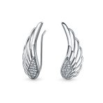 Spiritual Guardian Angel Wing Ear Pin Crawler Climber Earrings Pave CZ Accent .925 Sterling Silver