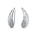 Spiritual Guardian Angel Wing Ear Pin Crawler Climber Earrings Pave CZ Accent .925 Sterling Silver