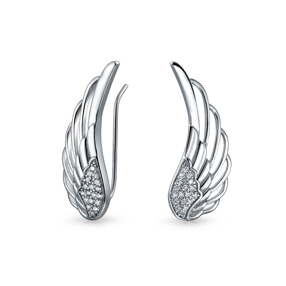 silver-cz-angel-ear-pin-pfs-52-2600-az Spiritual Guardian Angel Wing Ear Pin Crawler Climber Earrings Pave CZ Accent .925 Sterling Silver - Image 1