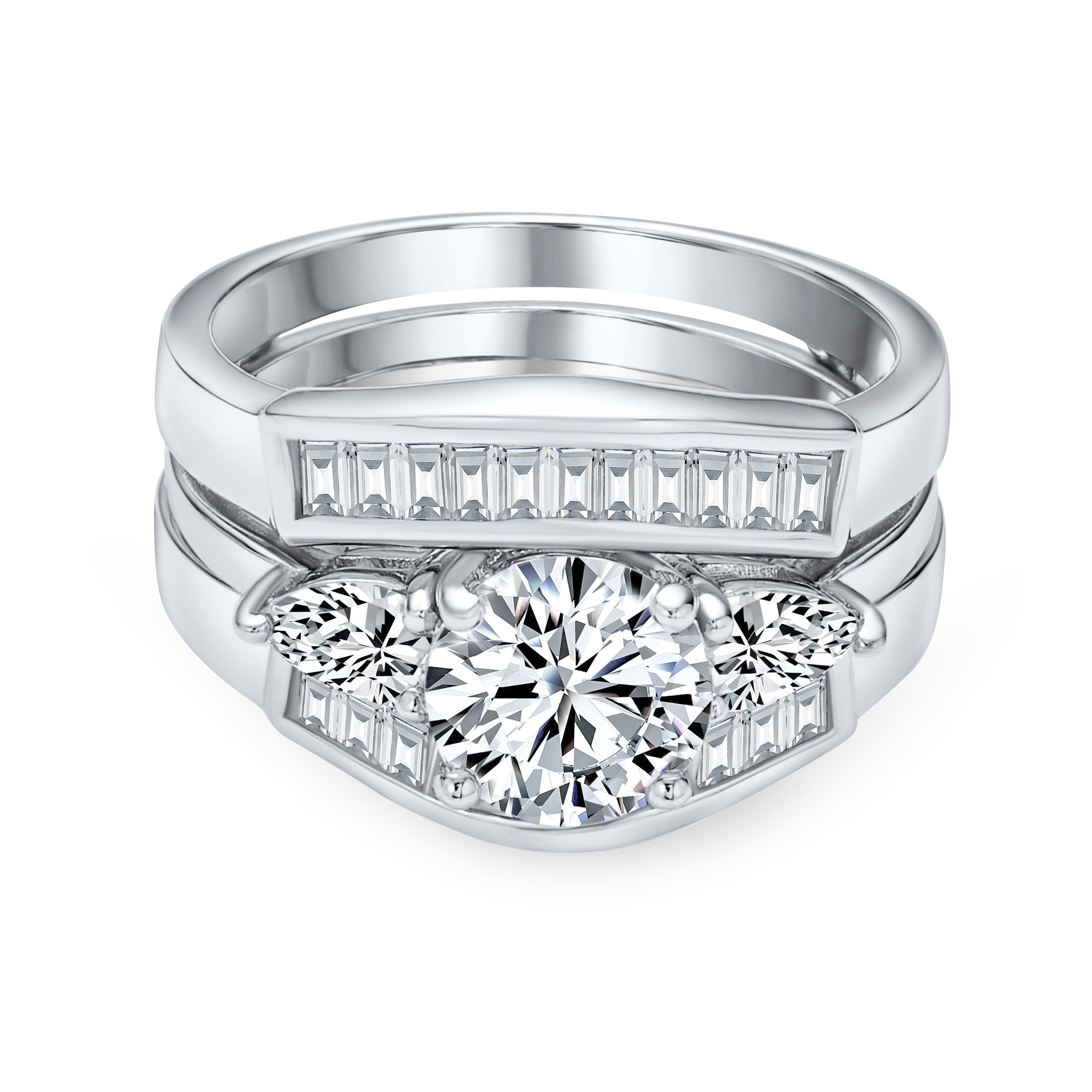 silver-cz-baguette-ring-band-engage-sf-r13861 2CT Round Solitaire CZ Baguette Band Statement Ring Set - Image 1