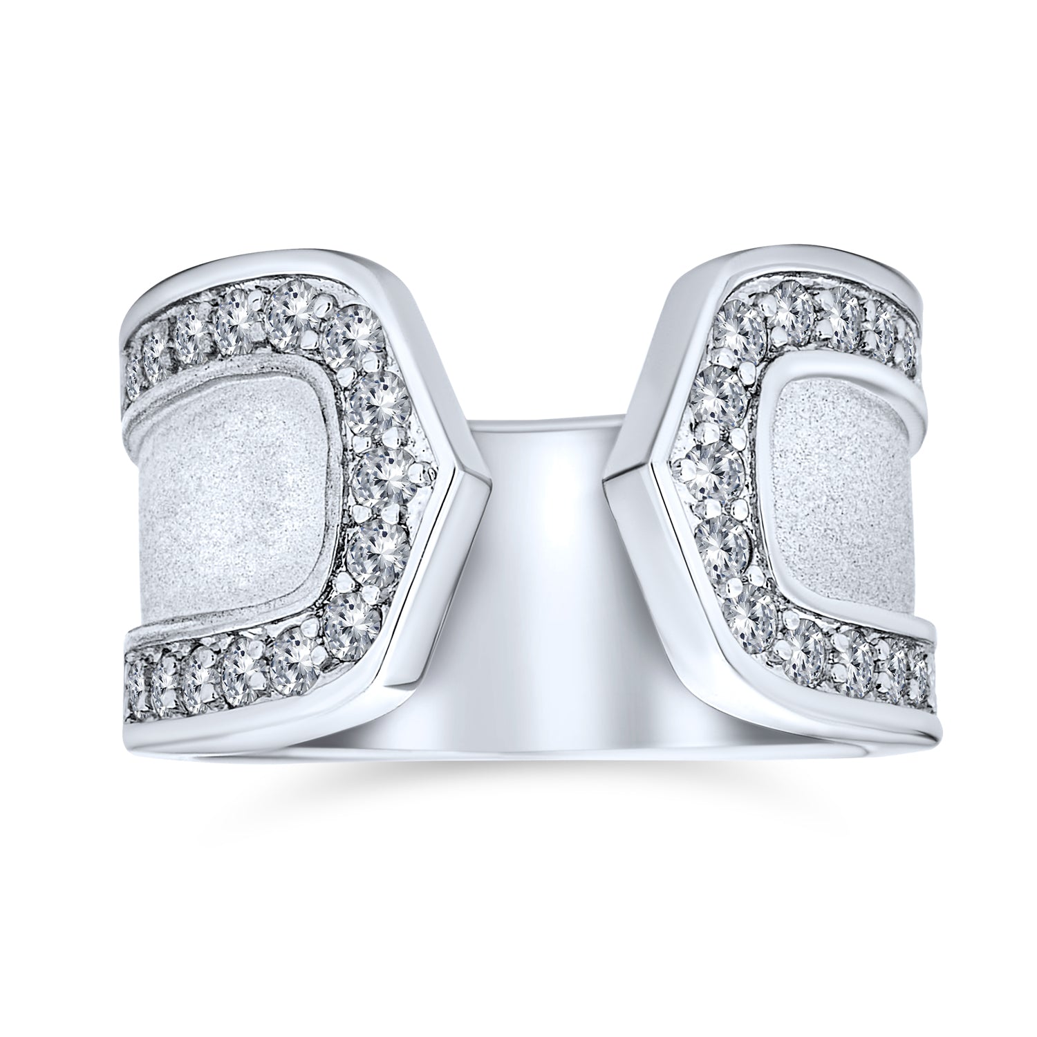 silver-cz-band-open-ring-engage-smooth-my-bmr60397_1 Modern Fashion CZ Accent Statement Wide Matte Finish Hammered Open Band Ring - Image 1