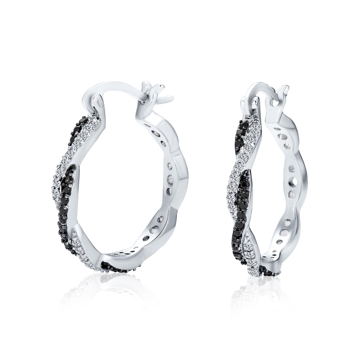 silver-cz-black-clear-twist-hoop-earrings-oa-21ola1974 Cubic Zirconia CZ Forever Love Knot Black White Large Infinity Hoop Earrings 1.5 Diameter Silver - Image 1
