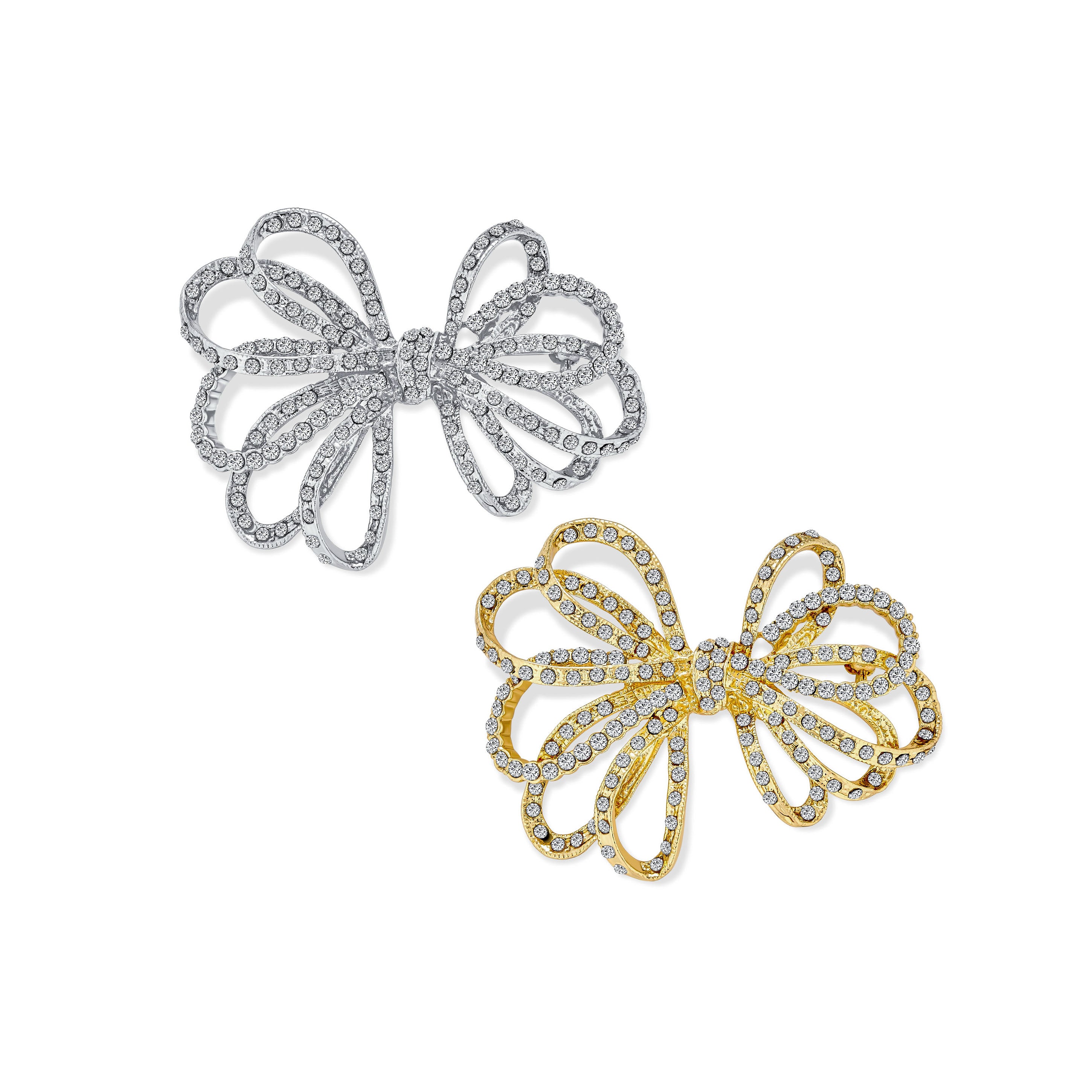 silver-cz-bow-ribbon-pin-faj-dbh00542-set-az Set of 2 Large Bridal Holiday Crystal Wedding Bow Brooch Pin Silver Gold Plated - Image 1