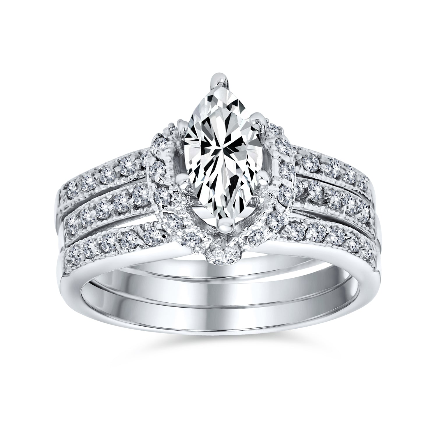 silver-cz-marquise-engagement-ring-triple-band-mdr-3153r-015_2 2CT Solitaire Marquise Cubic Zirconia Halo Engagement Ring Set Enhancer Band .925 Sterling Silver - Image 1