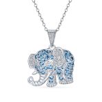 Blue Cubic Zirconia Pave CZ Good Luck Elephant Pendant Necklace Sterling Silver