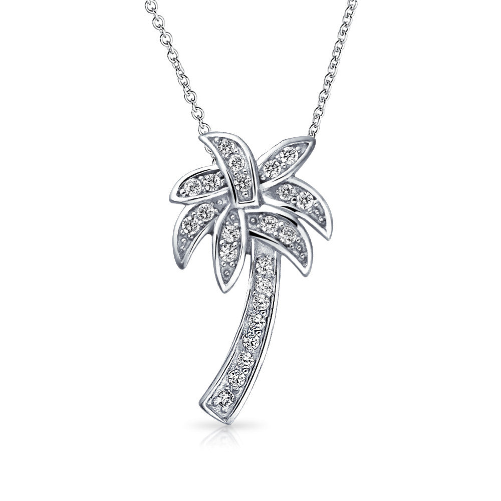 silver-cz-palmtree-pendant-necklace_pk-newitem50032196_1 Sterling Silver Palm Tree Pendant Necklace with CZ 16in - Image 1