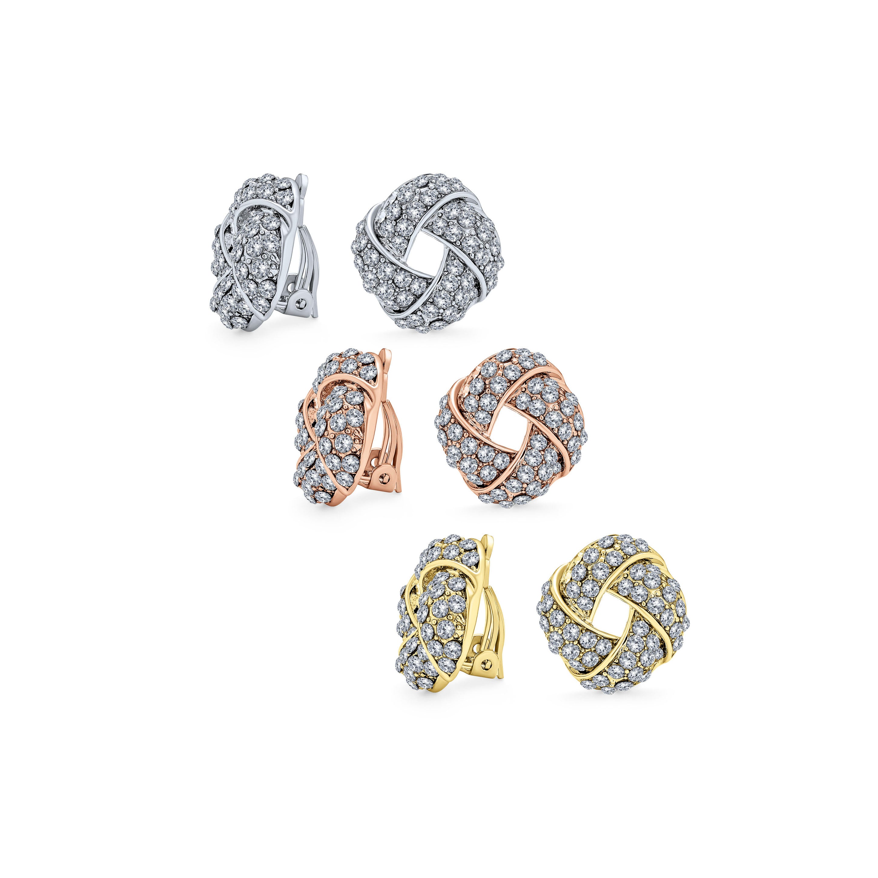 silver-cz-pave-clip-on-knot-earring-faj-der00908-set-az Set of 3 Twist Braided Crystal Love Knot Clip-On Earrings Rose Gold Plated - Image 1