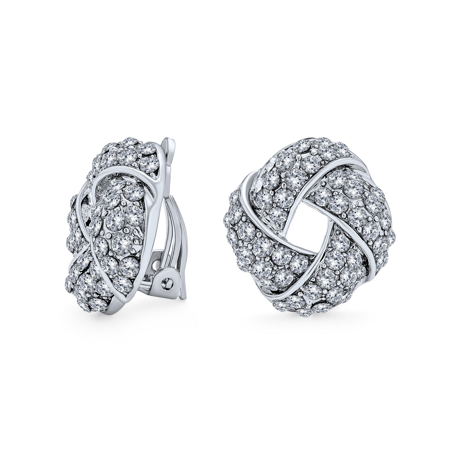 silver-cz-pave-clip-on-knot-earring-o-faj-der00908_1 Fashion Twist Braided Crystal Love Knot Clip-On Earrings Non-Pierced Ears - Image 1
