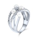 Crossover Criss Cross Silver Ring White Simulated Pearl Fashion Statement Style - Image 2