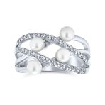 Crossover Criss Cross Silver Ring White Simulated Pearl Fashion Statement Style
