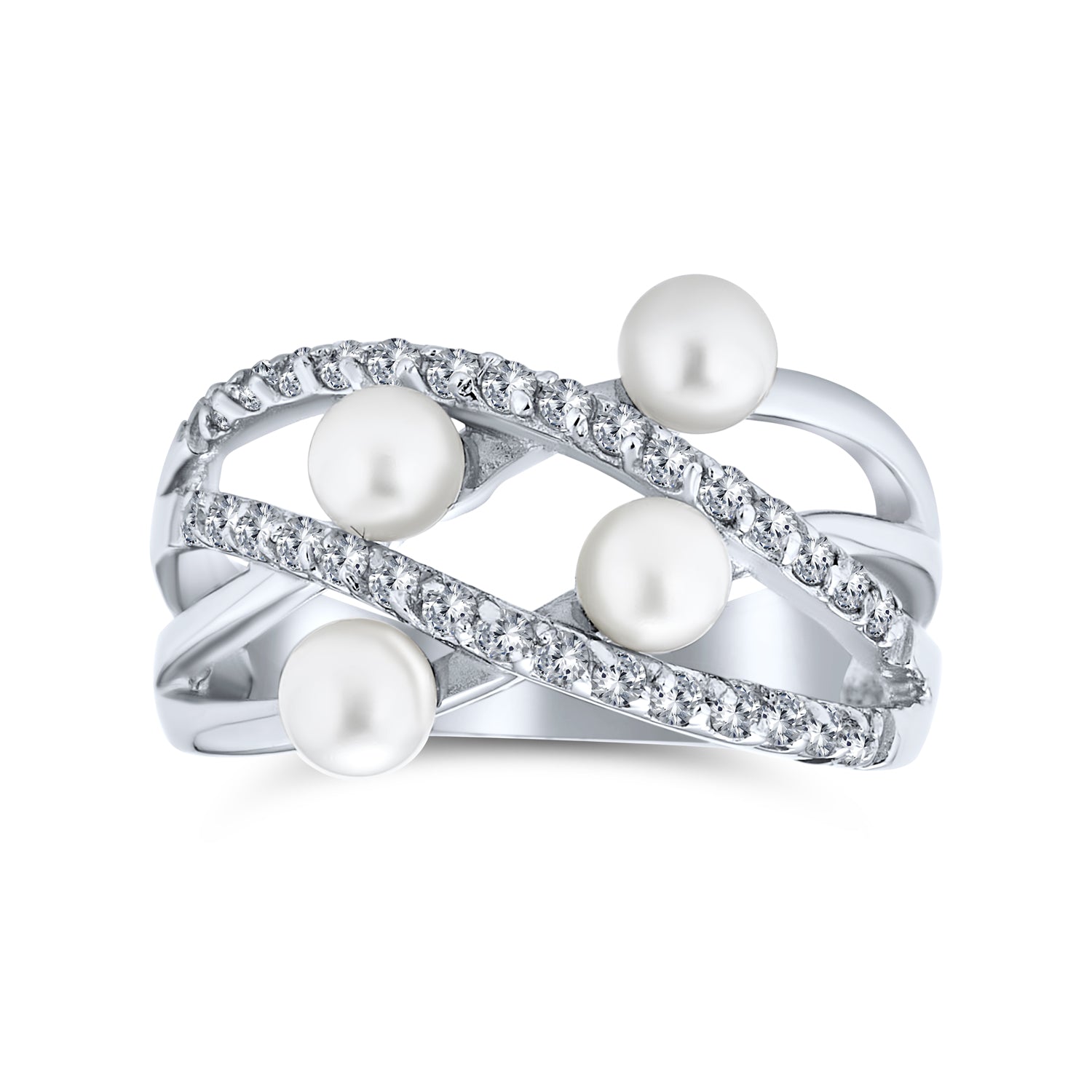 silver-cz-pearl-ring-bands-mdr-3753r-002_2 Crossover Criss Cross Silver Ring White Simulated Pearl Fashion Statement Style - Image 1