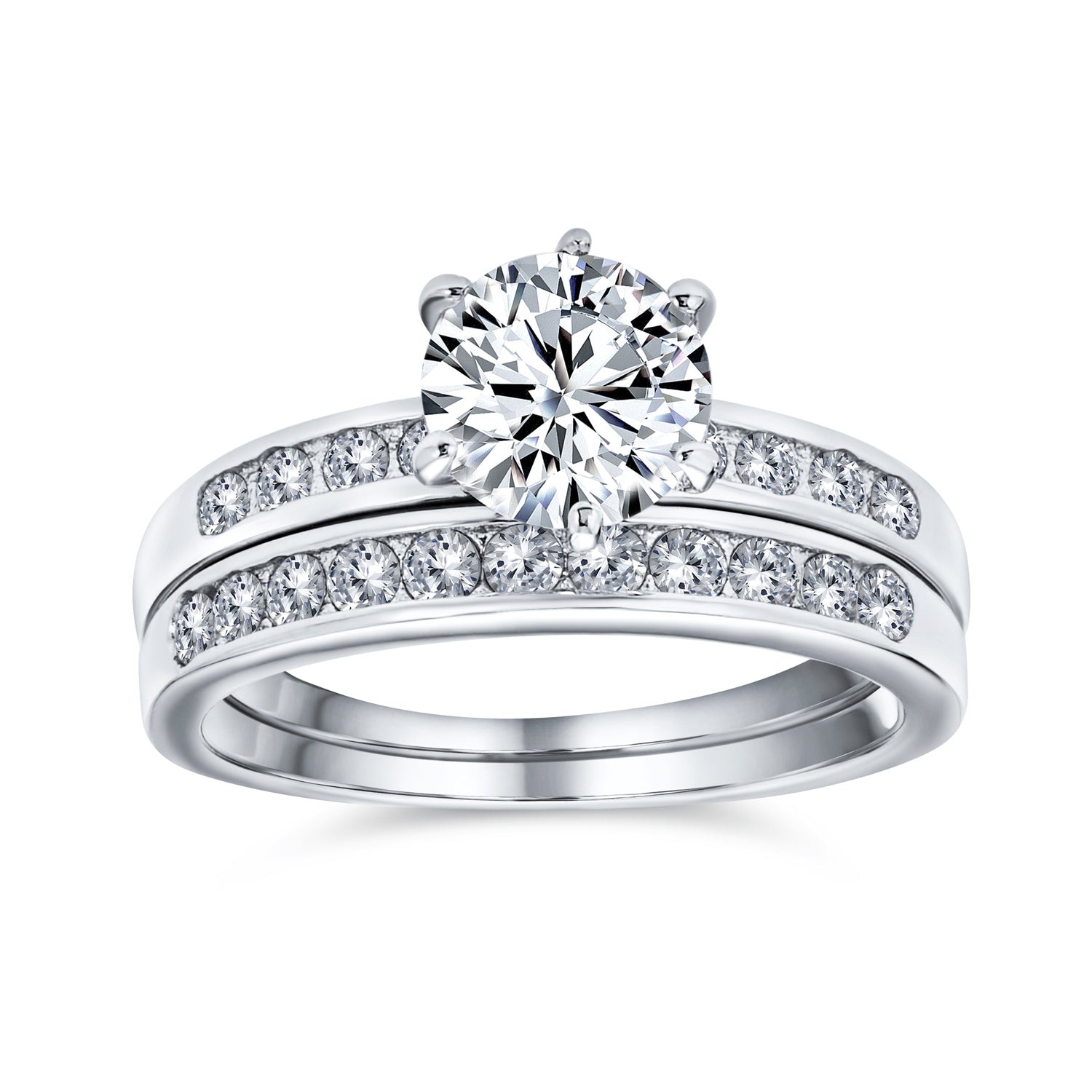 silver-cz-ring-solitaire-round-double-band-trlh1516_1 Classic 2CT Round Solitaire 6 Prong Solitaire Pave Band CZ Engagement Ring Set Band Sterling Silver - Image 1