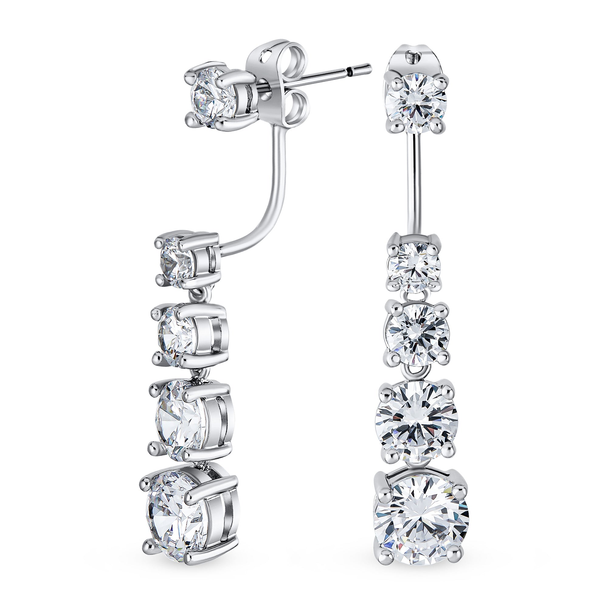 silver-cz-stud-drop-earrings-hsh-hse09583_11 Graduated Cubic Zirconia CZ Stud with Long Linear Jacket Removable Earrings - Image 1