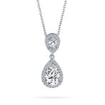 Bridal Necklace Pear CZ Teardrop Solitaire Pendant Wedding Silver Plated Brass