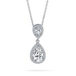 Bridal Necklace Pear CZ Teardrop Solitaire Pendant Wedding Silver Plated Brass