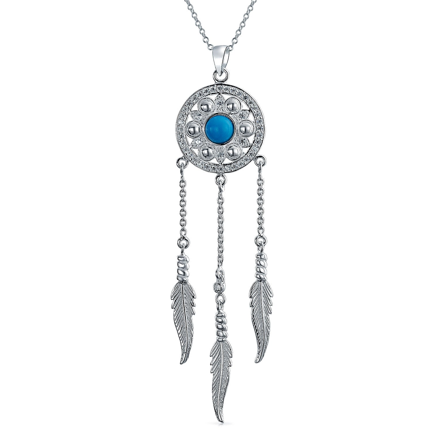 silver-cz-turquoise-dreamcatcher-necklace_appl-g61023-az Western Boho Turquoise Feather Dream Catcher Pendant Necklace Sterling Silver - Image 1