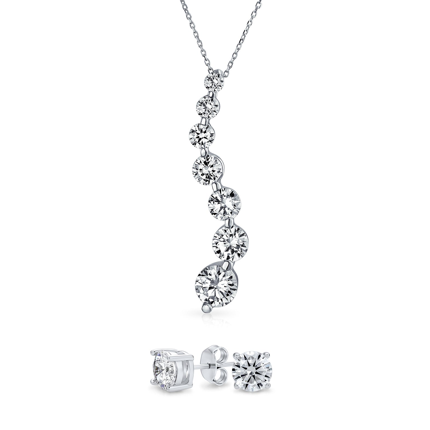 silver-cz-wave-necklace-studs-set-pk-901118-set_1 Love Is A Journey Cubic Zirconia7 Solitaire CZ Pendant Necklace Sterling Silver - Image 1