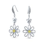 Floral Garden Wedding Canary Yellow CZ Daisy Dangle Chandelier Earrings Silver - Image 2