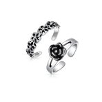 Set of 2 Daisy Flower and Black Rose Midi Band Toe Ring Oxidized Sterling Silver