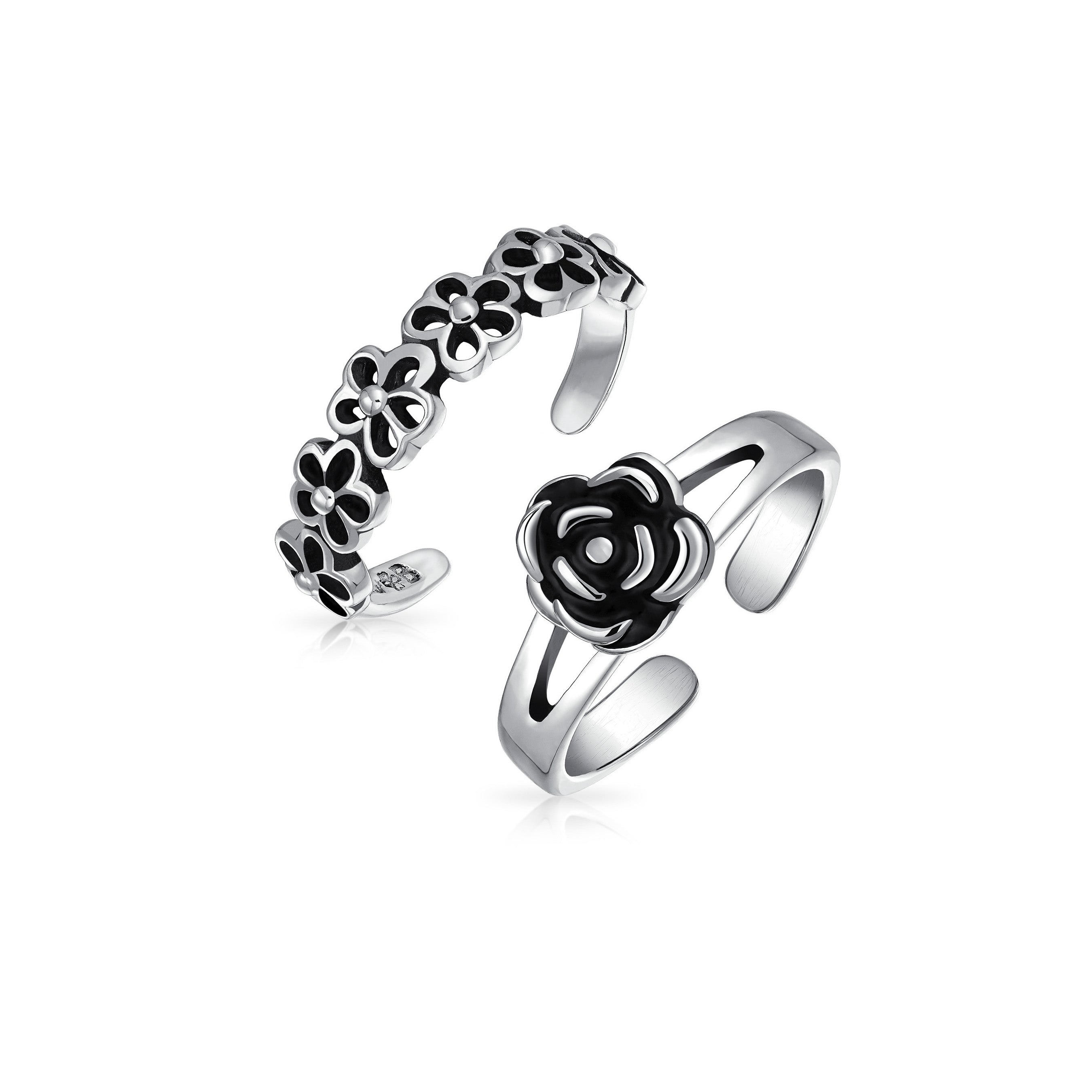 silver-daisy-flower-toe-ring-pmr-r11673-set-az Set of 2 Daisy Flower and Black Rose Midi Band Toe Ring Oxidized Sterling Silver - Image 1