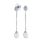CZ Pearl Linear Chain Dangle Chandelier Earrings Silver